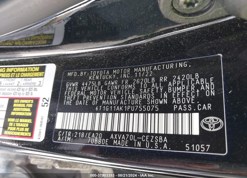 2023 TOYOTA CAMRY VIN: 4T1G11AK1PU755075