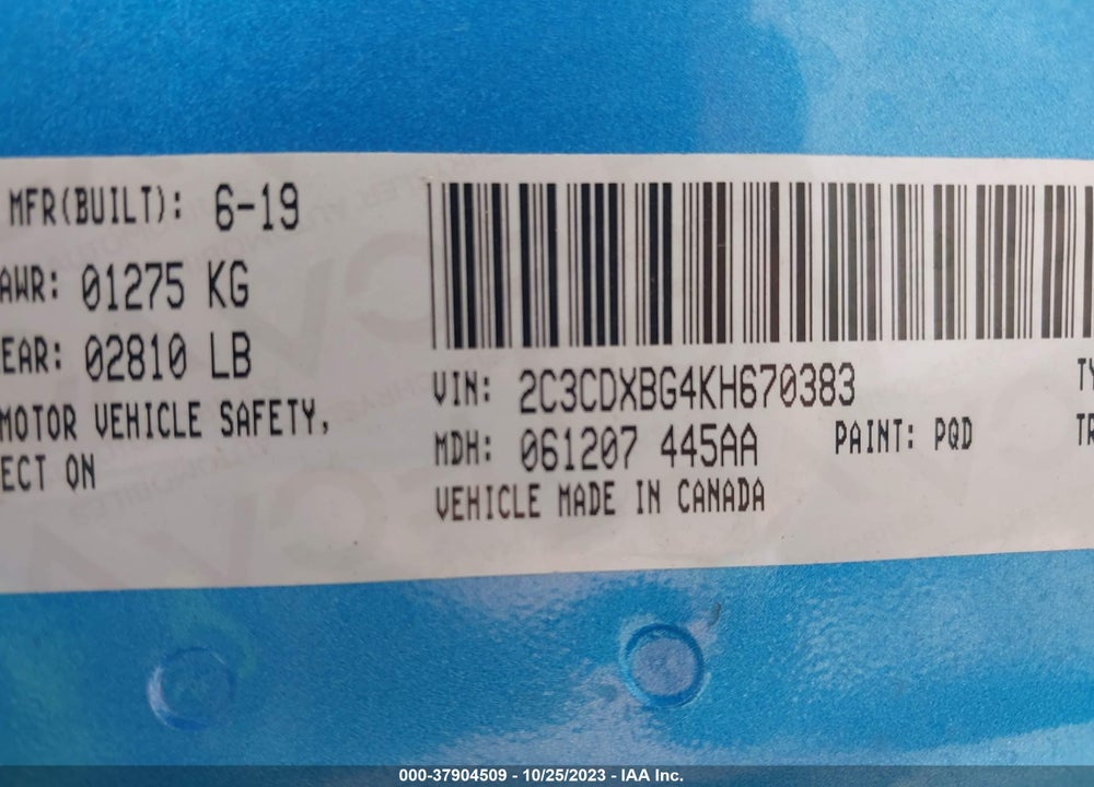 2019 DODGE CHARGER VIN: 2C3CDXBG4KH670383