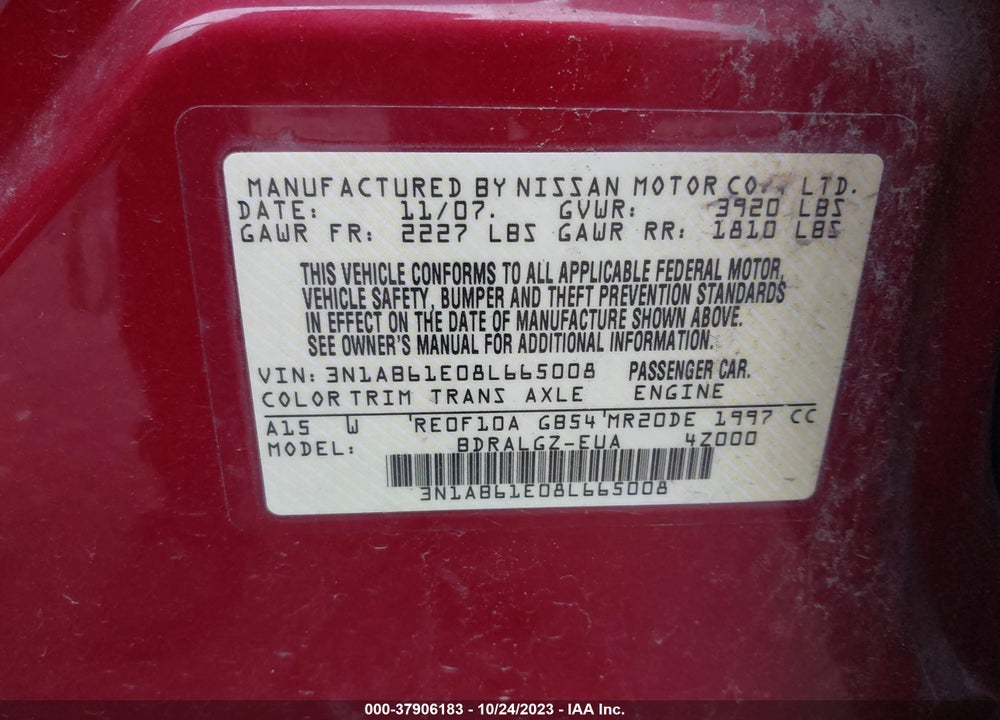 2008 NISSAN SENTRA 2.0SL VIN: 3N1AB61E08L665008