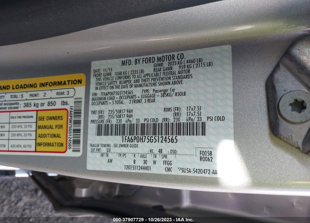 2016 FORD FUSION SE VIN: 1FA6P0H75G5124565