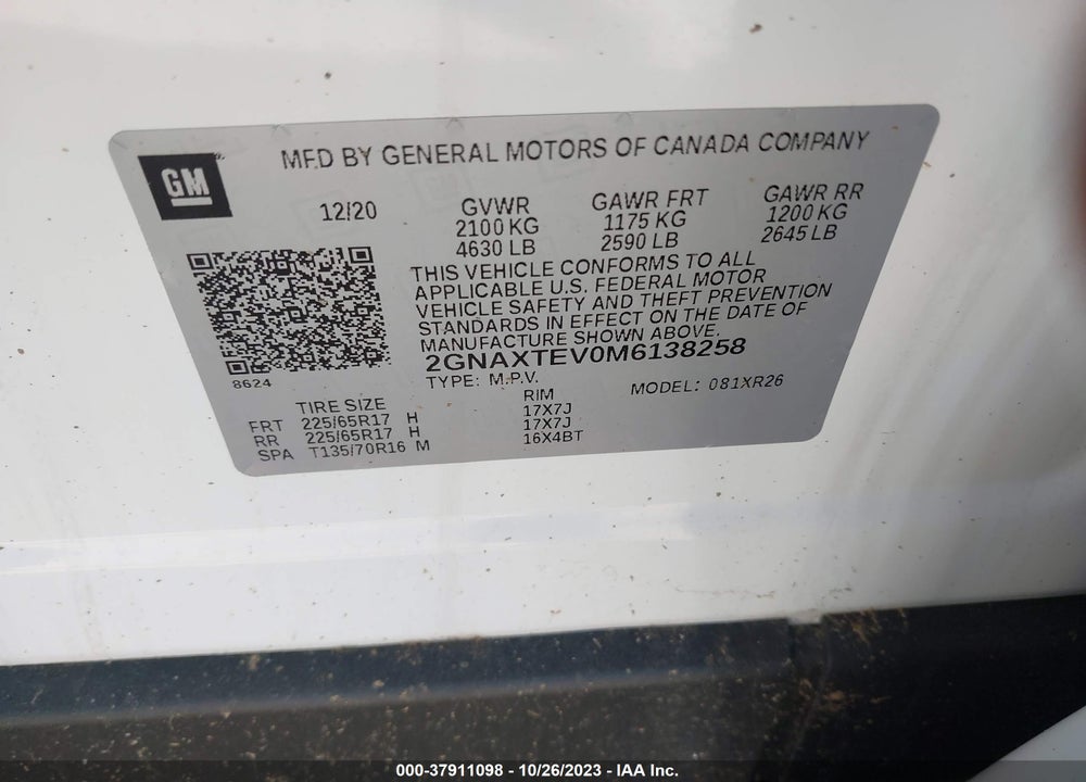 2021 CHEVROLET EQUINOX AWD 2FL VIN: 2GNAXTEV0M6138258