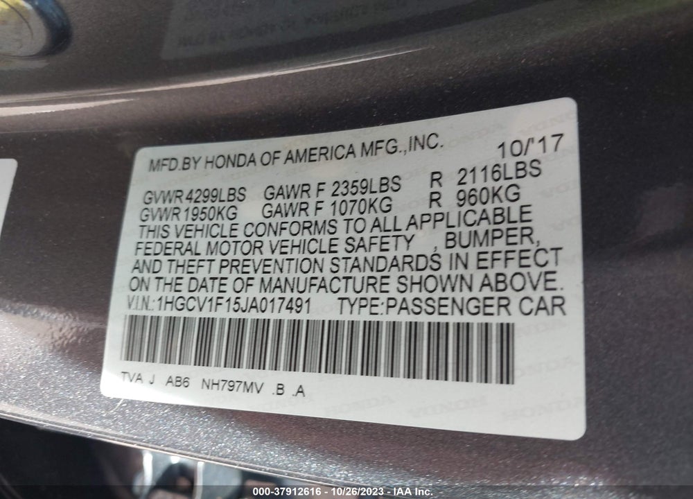2018 HONDA ACCORD LX VIN: 1HGCV1F15JA017491