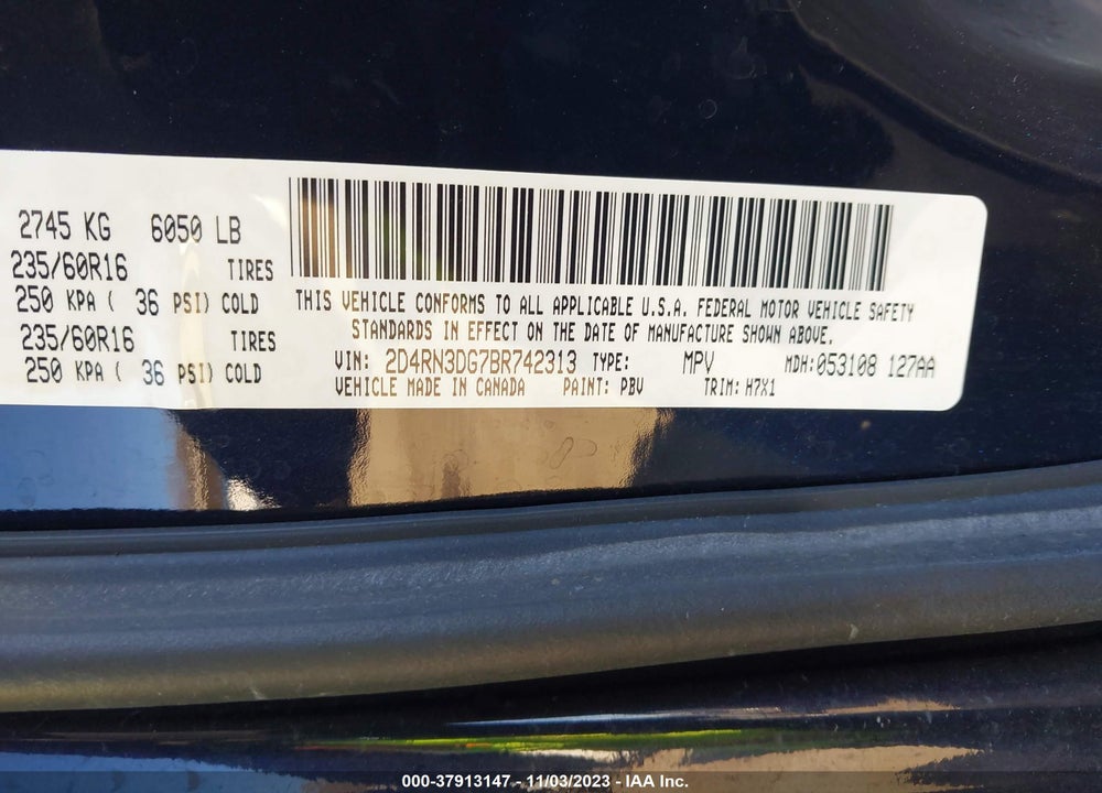 2011 DODGE GRAND CARAVAN MAINSTREET VIN: 2D4RN3DG7BR742313