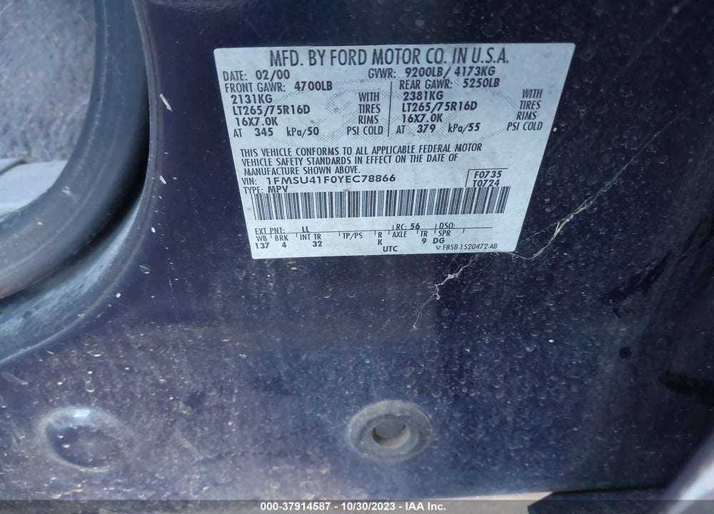 2000 FORD EXCURSION XLT VIN: 1FMSU41F0YEC78866