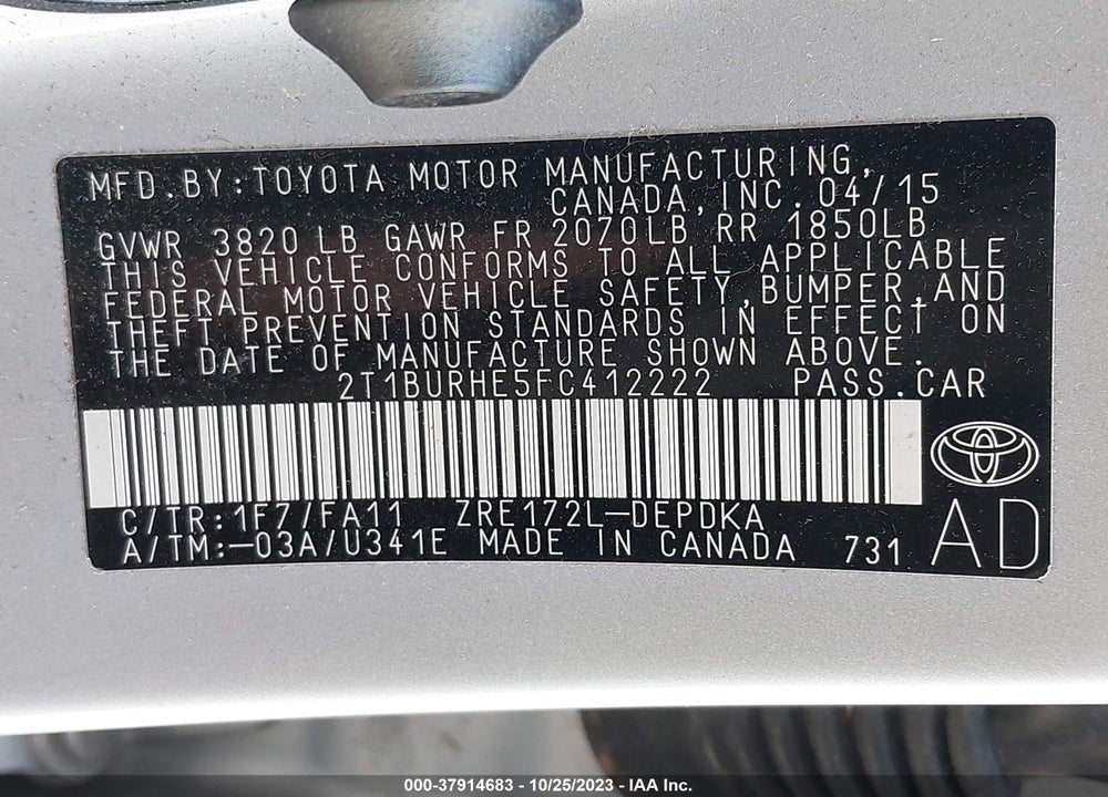2015 TOYOTA COROLLA L VIN: 2T1BURHE5FC412222