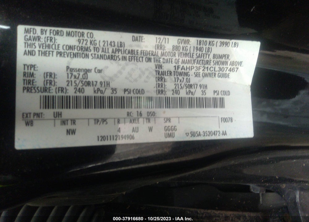 2012 FORD FOCUS SE VIN: 1FAHP3F21CL307467