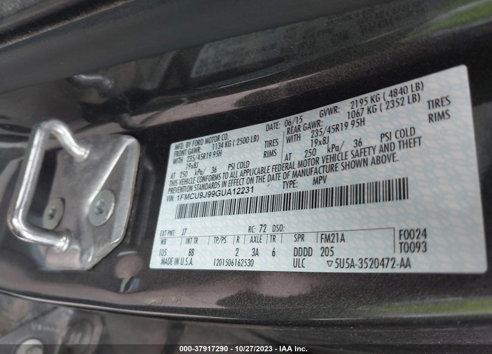 2016 FORD ESCAPE TITANIUM VIN: 1FMCU9J99GUA12231
