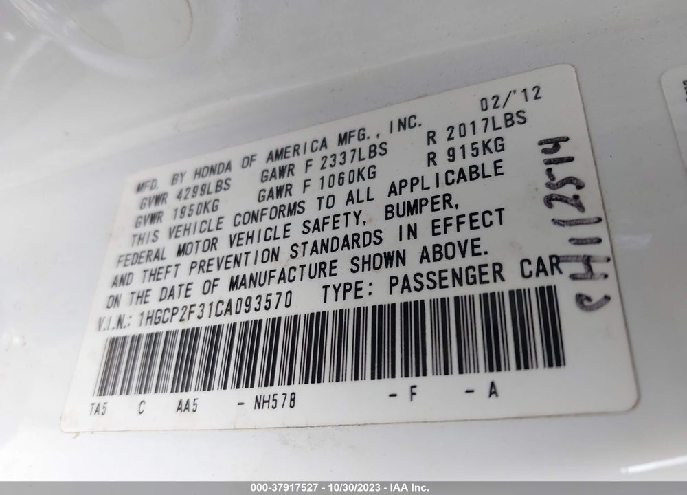 2012 HONDA ACCORD 2.4 LX VIN: 1HGCP2F31CA093570
