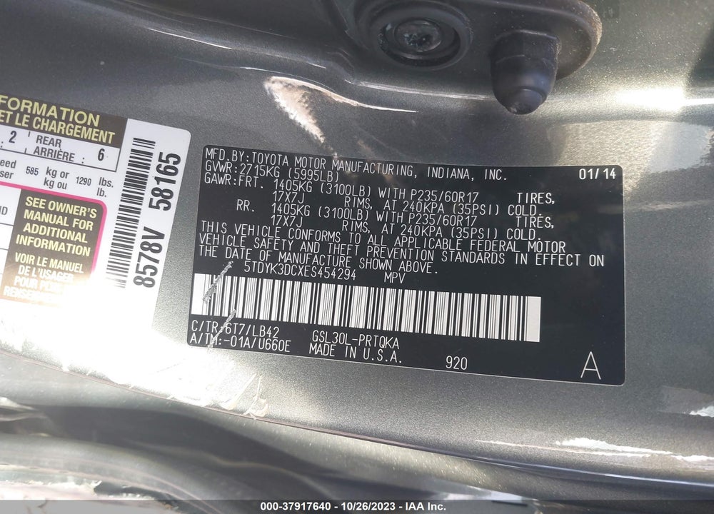 2014 TOYOTA SIENNA XLE V6 8 PASSENGER VIN: 5TDYK3DCXES454294