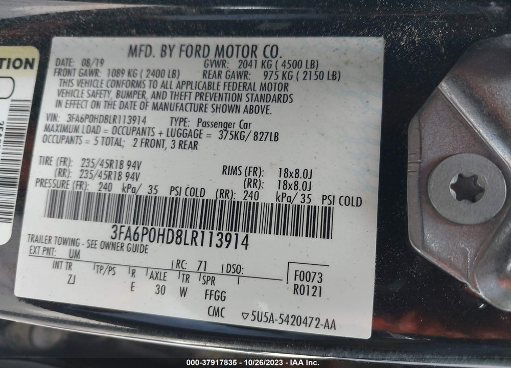 2020 FORD FUSION SE VIN: 3FA6P0HD8LR113914