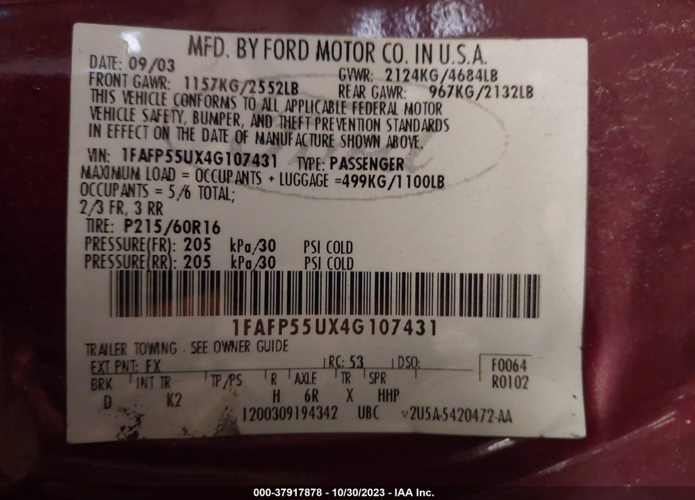 2004 FORD TAURUS SES VIN: 1FAFP55UX4G107431