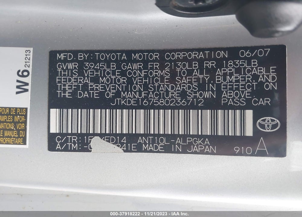2008 SCION TC VIN: JTKDE167580236712