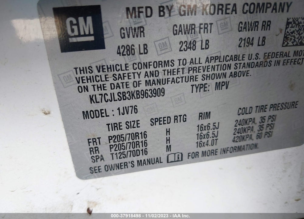 2019 CHEVROLET TRAX LT VIN: KL7CJLSB3KB963909