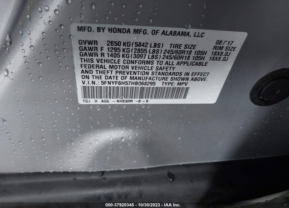 2017 HONDA PILOT EX-L VIN: 5FNYF6H57HB068295