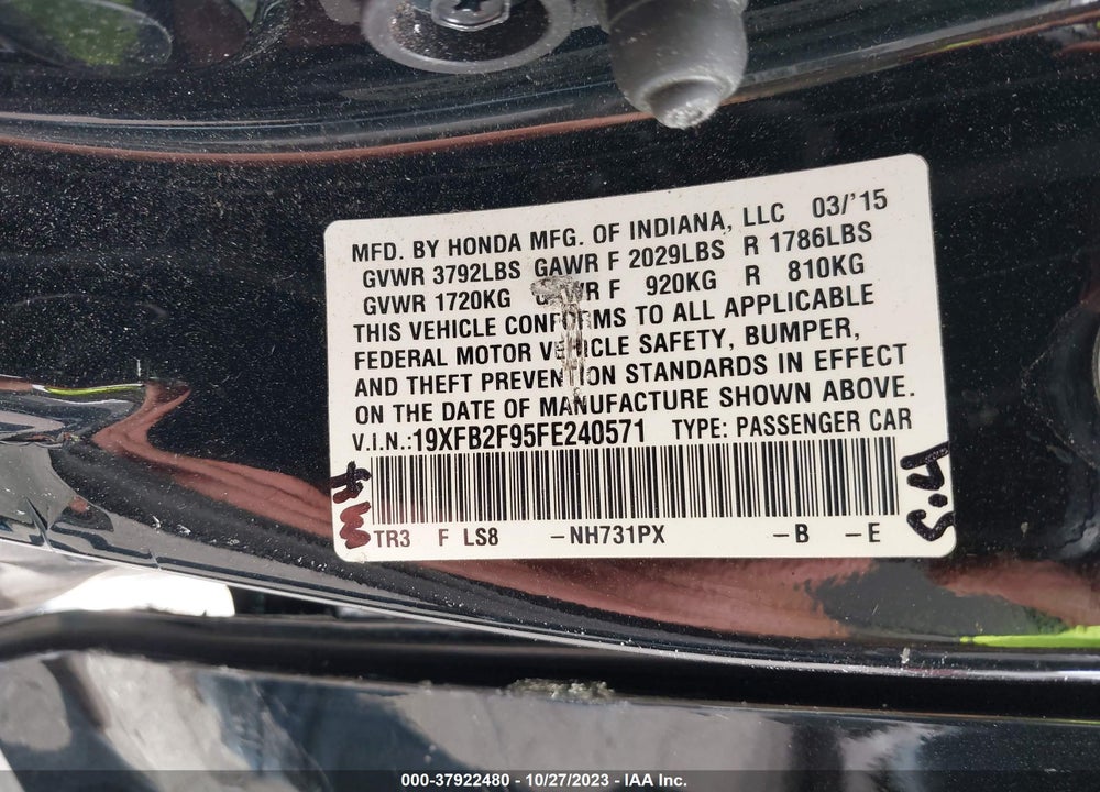 2015 HONDA CIVIC EX-L VIN: 19XFB2F95FE240571