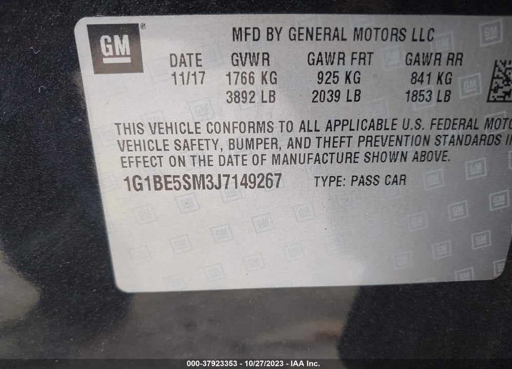 2018 CHEVROLET CRUZE LT AUTO VIN: 1G1BE5SM3J7149267