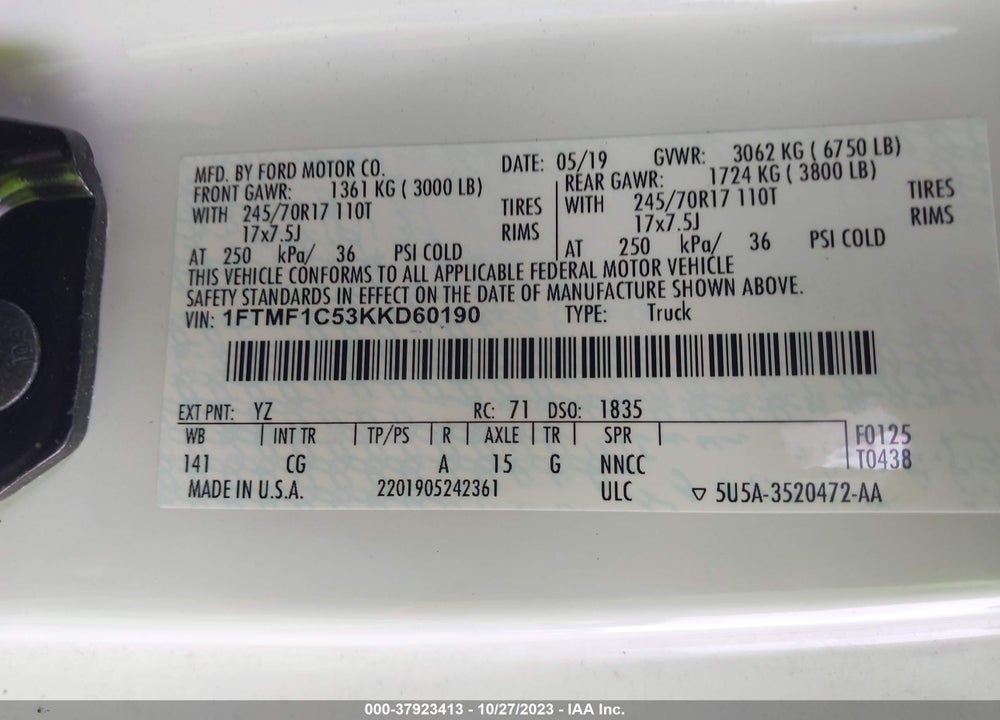 2019 FORD F-150 XL VIN: 1FTMF1C53KKD60190