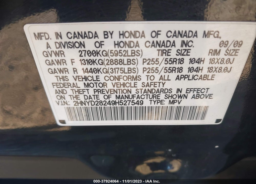 2009 ACURA MDX VIN: 2HNYD28249H527549