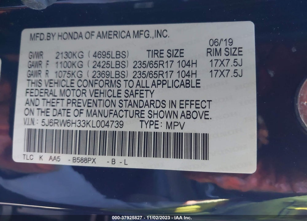 2019 HONDA CR-V LX VIN: 5J6RW6H33KL004739