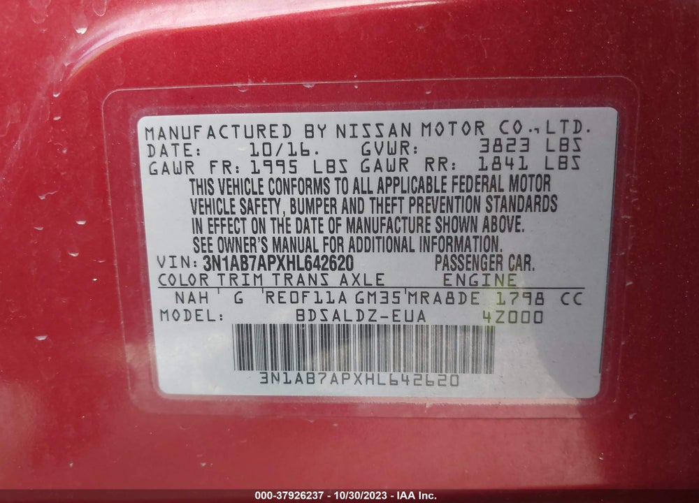 2017 NISSAN SENTRA SV VIN: 3N1AB7APXHL642620