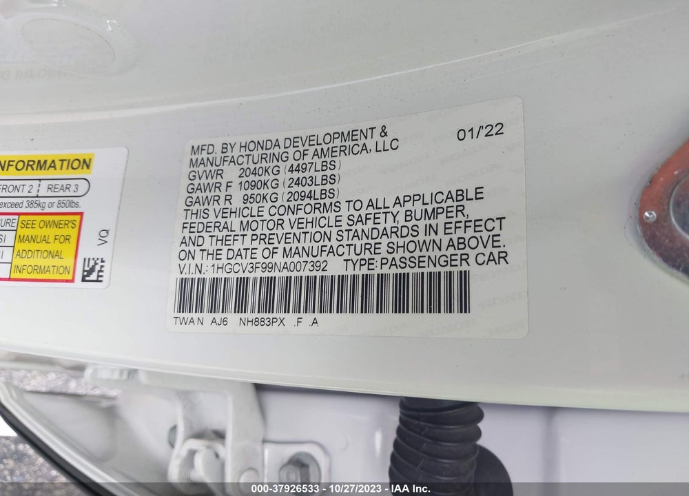 2022 HONDA ACCORD HYBRID TOURING VIN: 1HGCV3F99NA007392