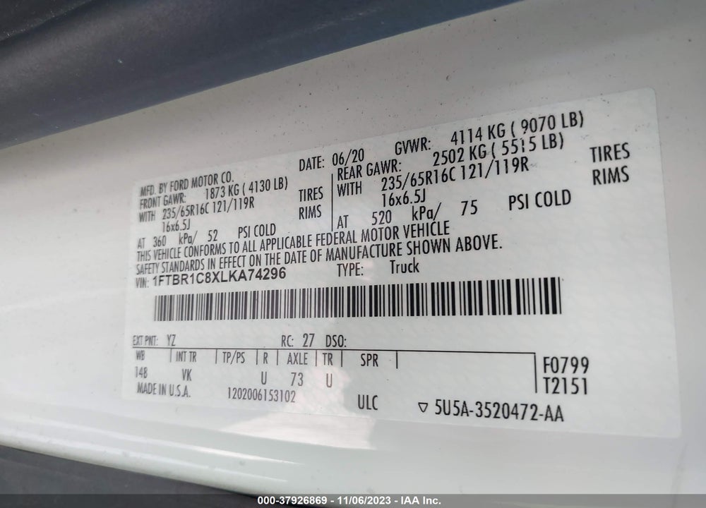 2020 FORD TRANSIT-250 CARGO VAN VIN: 1FTBR1C8XLKA74296