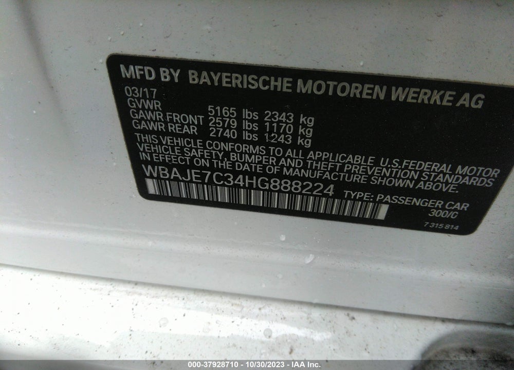 2017 BMW 5 SERIES VIN: WBAJE7C34HG888224