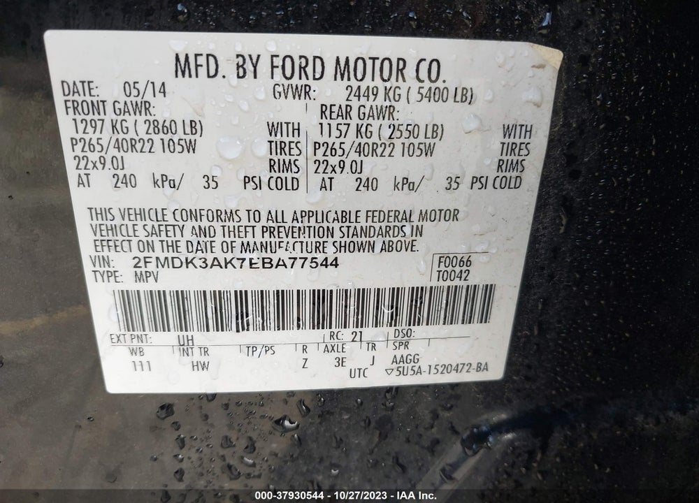 2014 FORD EDGE SPORT VIN: 2FMDK3AK7EBA77544