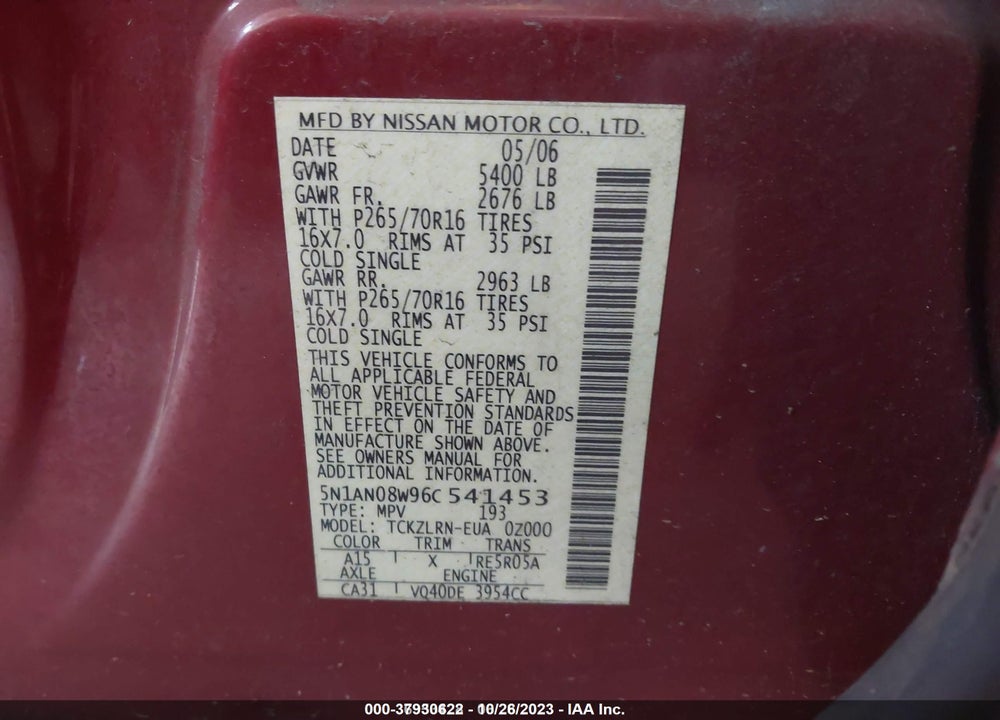 2006 NISSAN XTERRA S VIN: 5N1AN08W96C541453