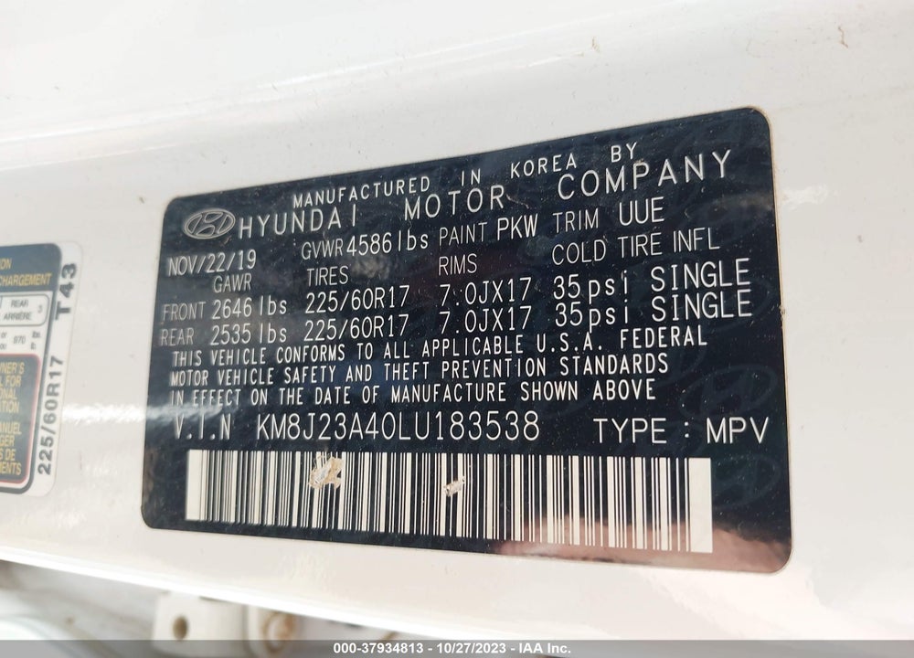 2020 HYUNDAI TUCSON SE VIN: KM8J23A40LU183538