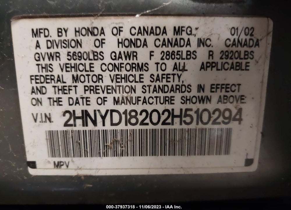 2002 ACURA MDX 3.5L (A5) VIN: 2HNYD18202H510294