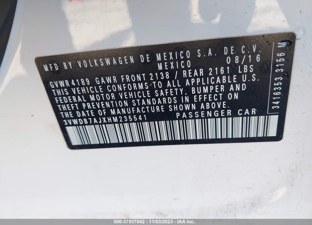2017 VOLKSWAGEN JETTA 1.4T SE VIN: 3VWDB7AJXHM235541
