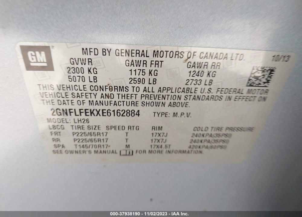 2014 CHEVROLET EQUINOX 1LT VIN: 2GNFLFEKXE6162884