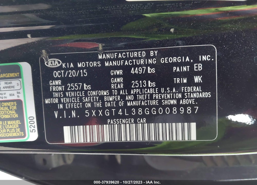 2016 KIA OPTIMA LX VIN: 5XXGT4L38GG008987