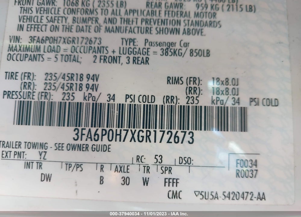 2016 FORD FUSION SE VIN: 3FA6P0H7XGR172673