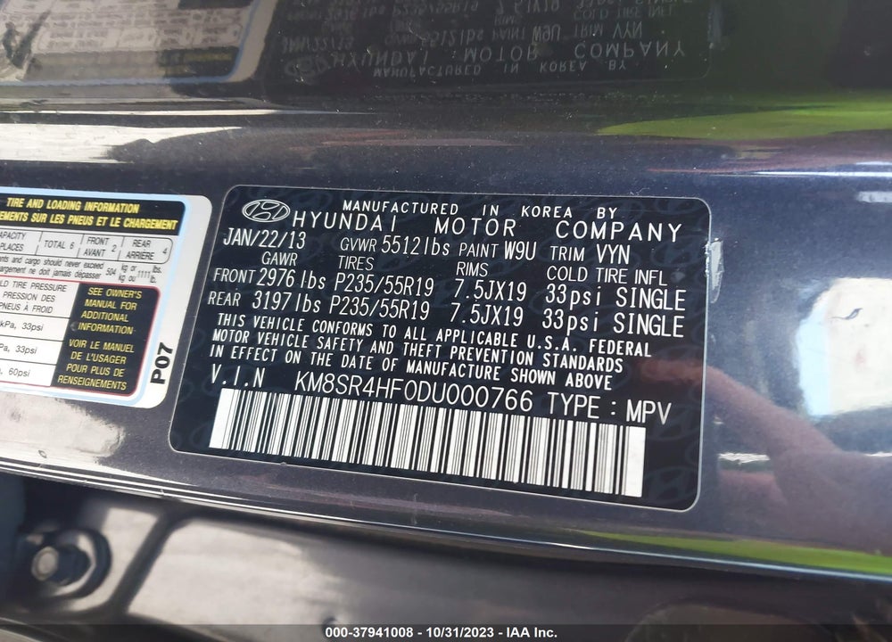 2013 HYUNDAI SANTA FE LIMITED VIN: KM8SR4HF0DU000766