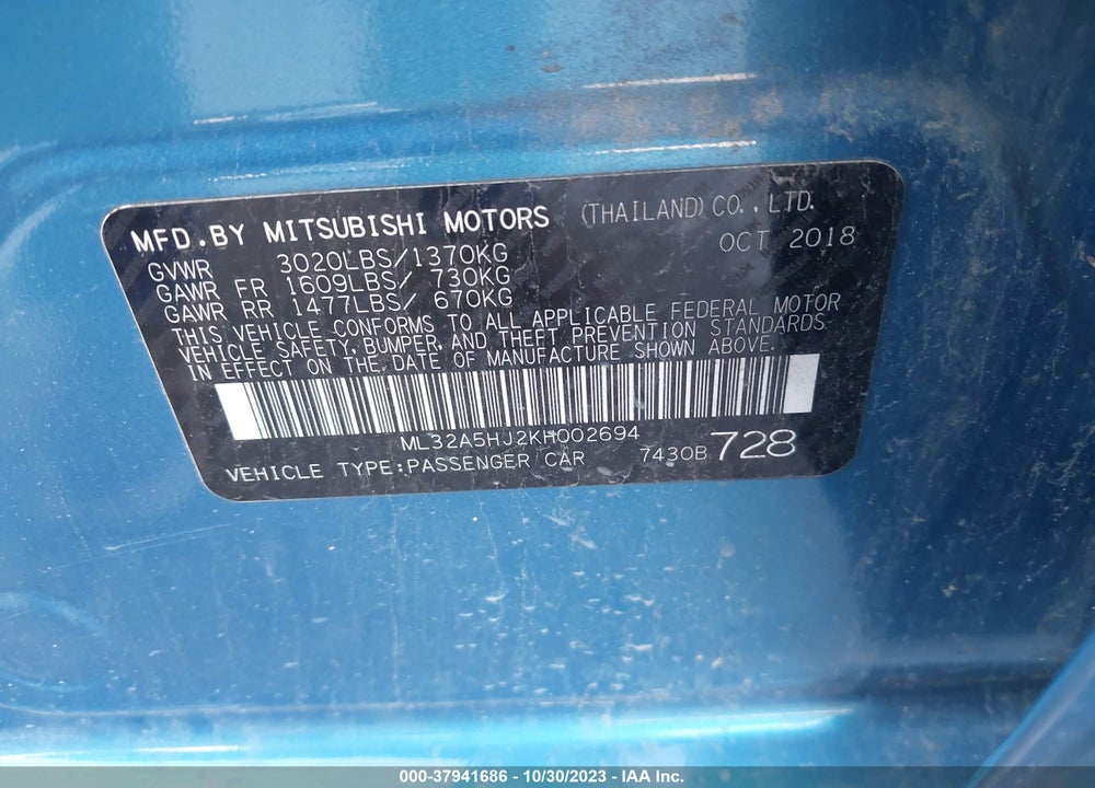 2019 MITSUBISHI MIRAGE LE VIN: ML32A5HJ2KH002694