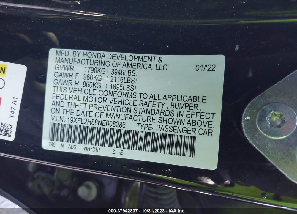 2022 HONDA CIVIC SPORT VIN: 19XFL2H88NE008286