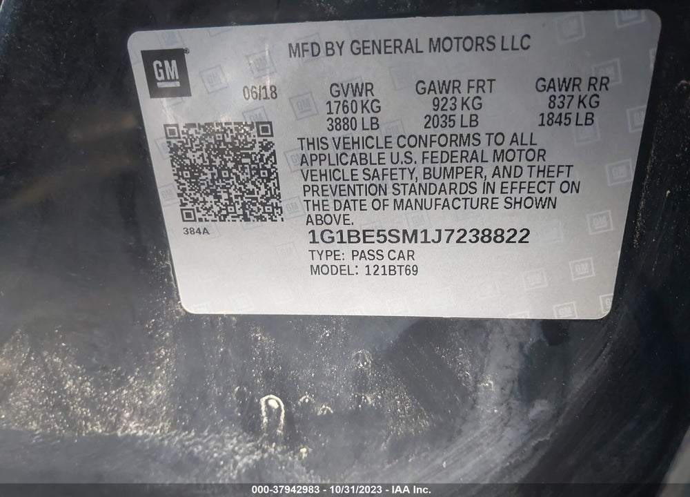 2018 CHEVROLET CRUZE LT AUTO VIN: 1G1BE5SM1J7238822
