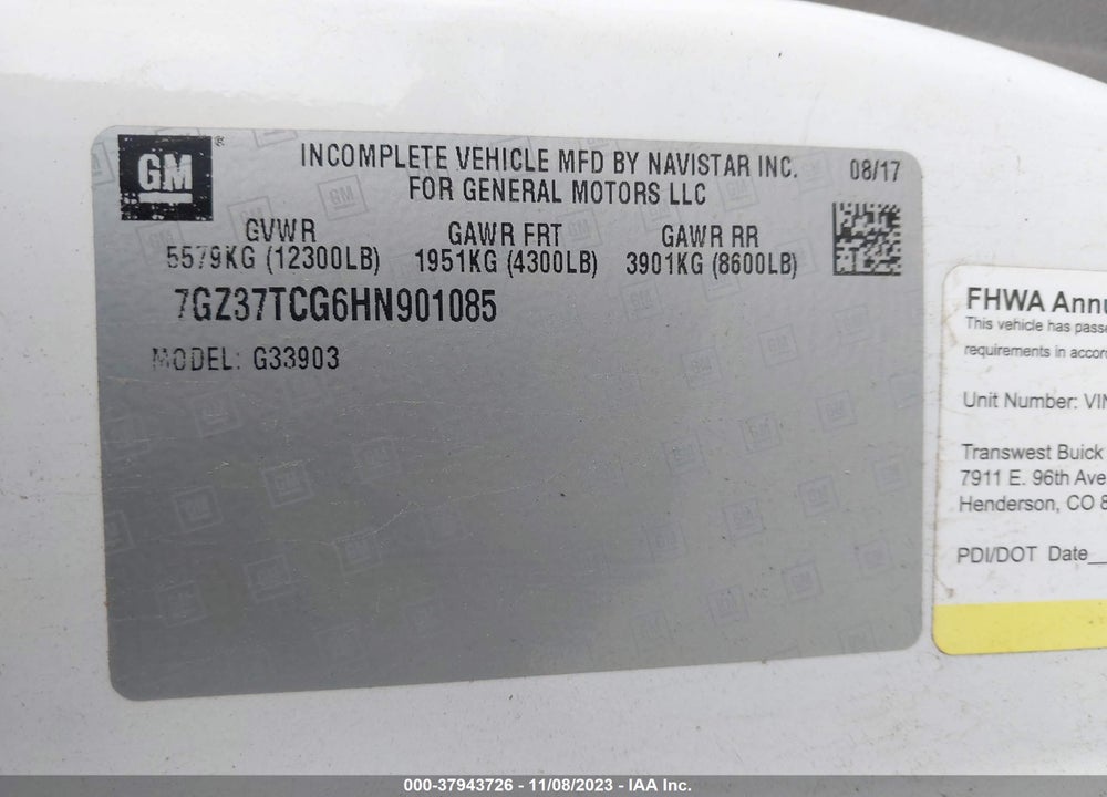2017 GMC SAVANA CUTAWAY WORK VAN VIN: 7GZ37TCG6HN901085