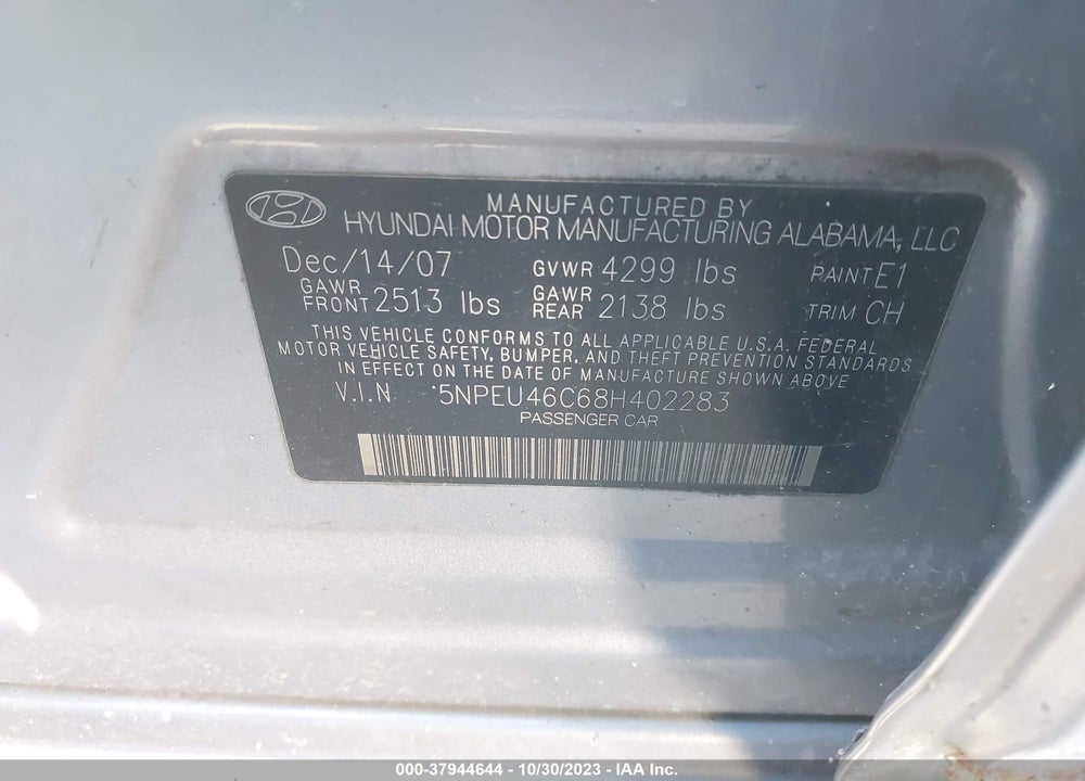 2008 HYUNDAI SONATA LIMITED/SE VIN: 5NPEU46C68H402283