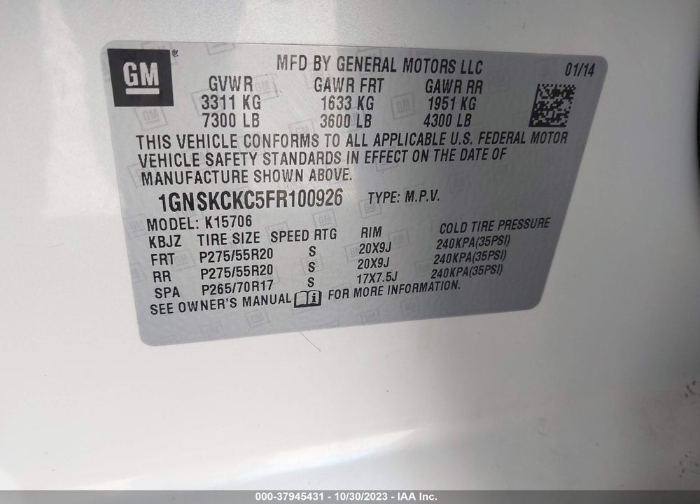 2015 CHEVROLET TAHOE LTZ VIN: 1GNSKCKC5FR100926