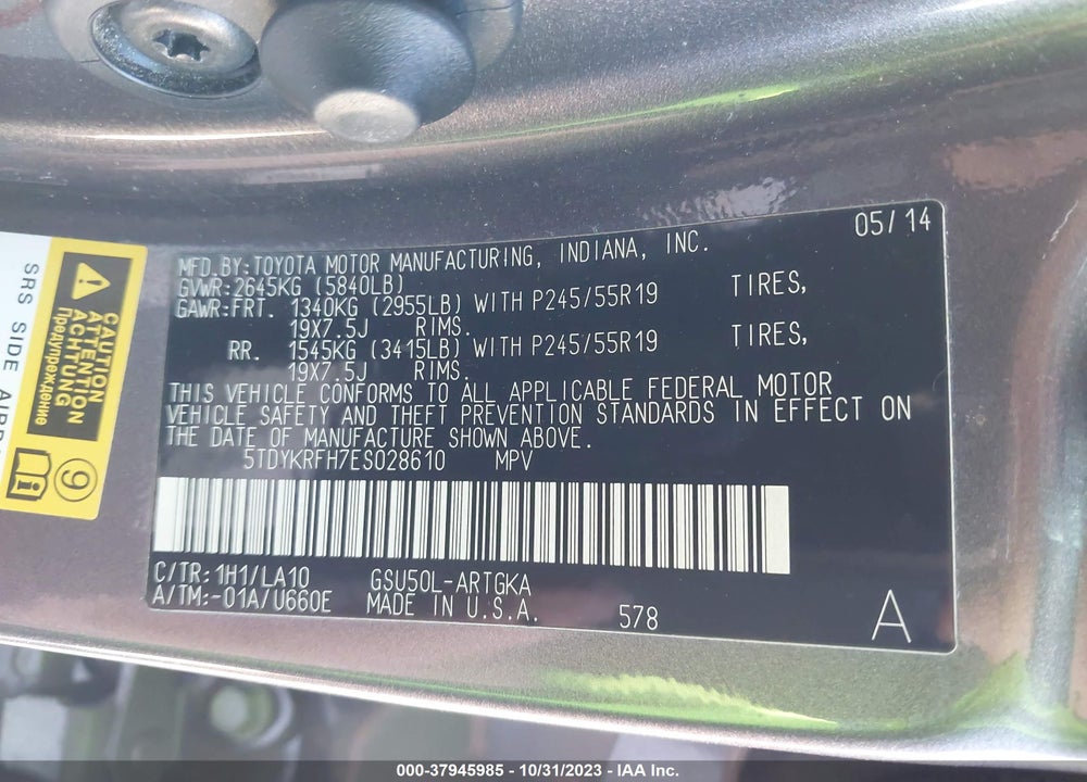 2014 TOYOTA HIGHLANDER LIMITED PLATINUM V6 VIN: 5TDYKRFH7ES028610