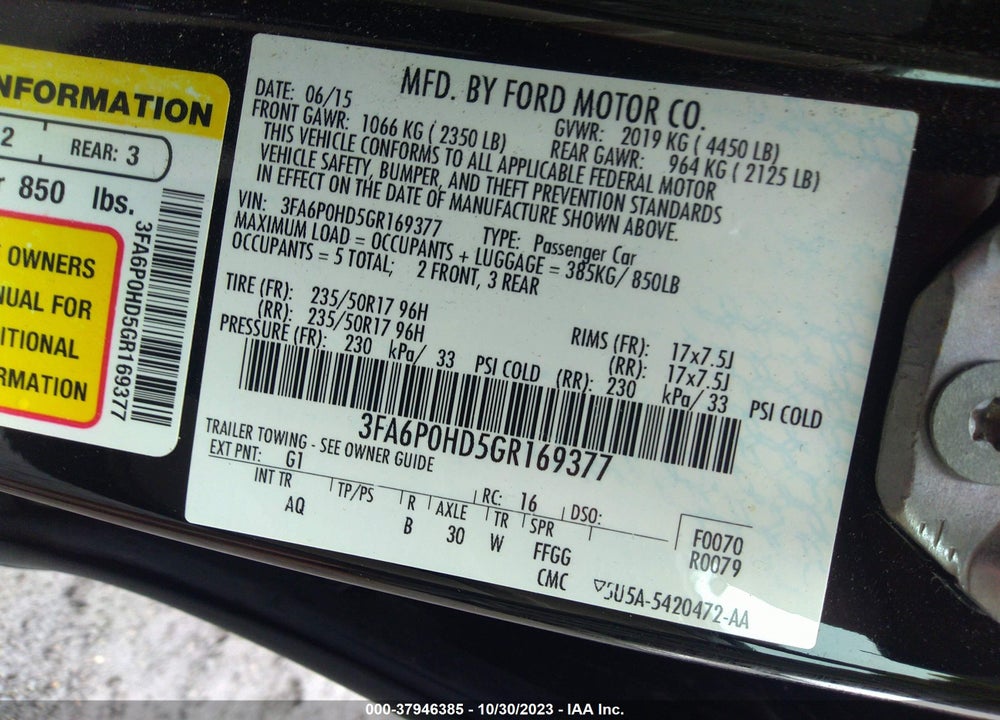 2016 FORD FUSION SE VIN: 3FA6P0HD5GR169377