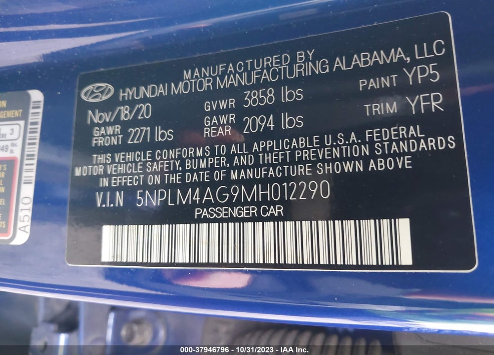 2021 HYUNDAI ELANTRA SEL VIN: 5NPLM4AG9MH012290
