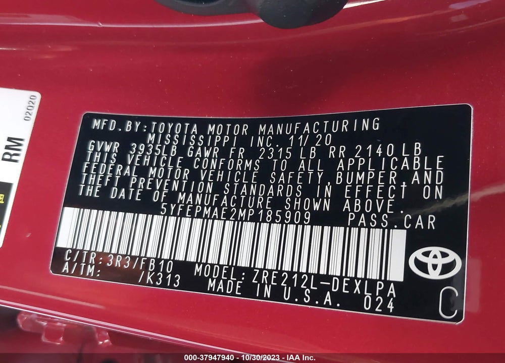 2021 TOYOTA COROLLA LE VIN: 5YFEPMAE2MP185909