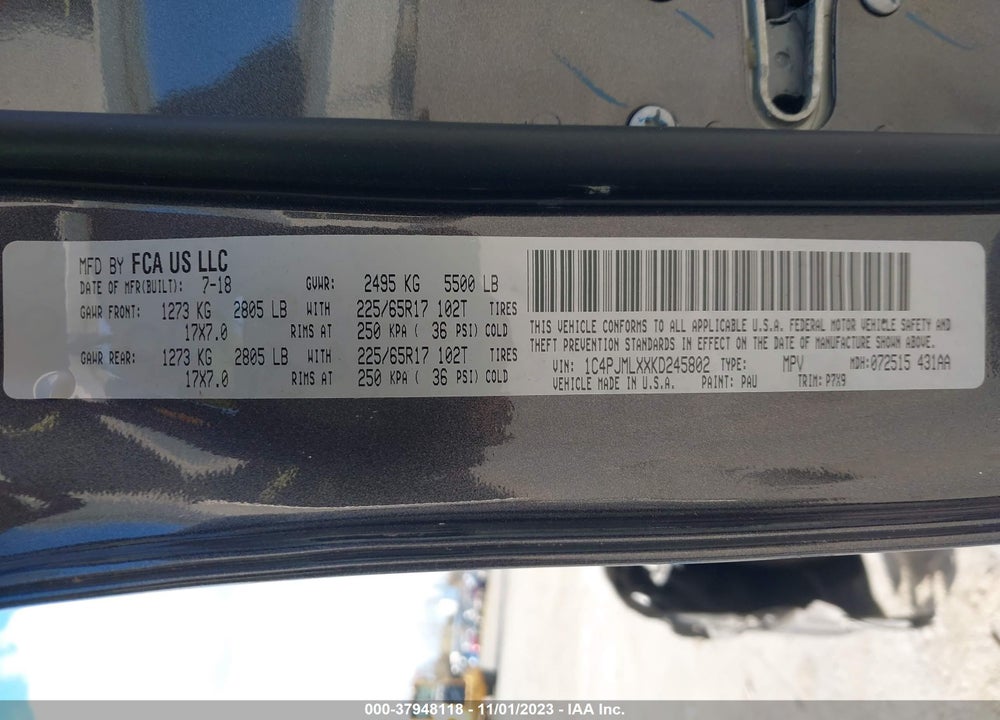 2019 JEEP CHEROKEE VIN: 1C4PJMLXXKD245802