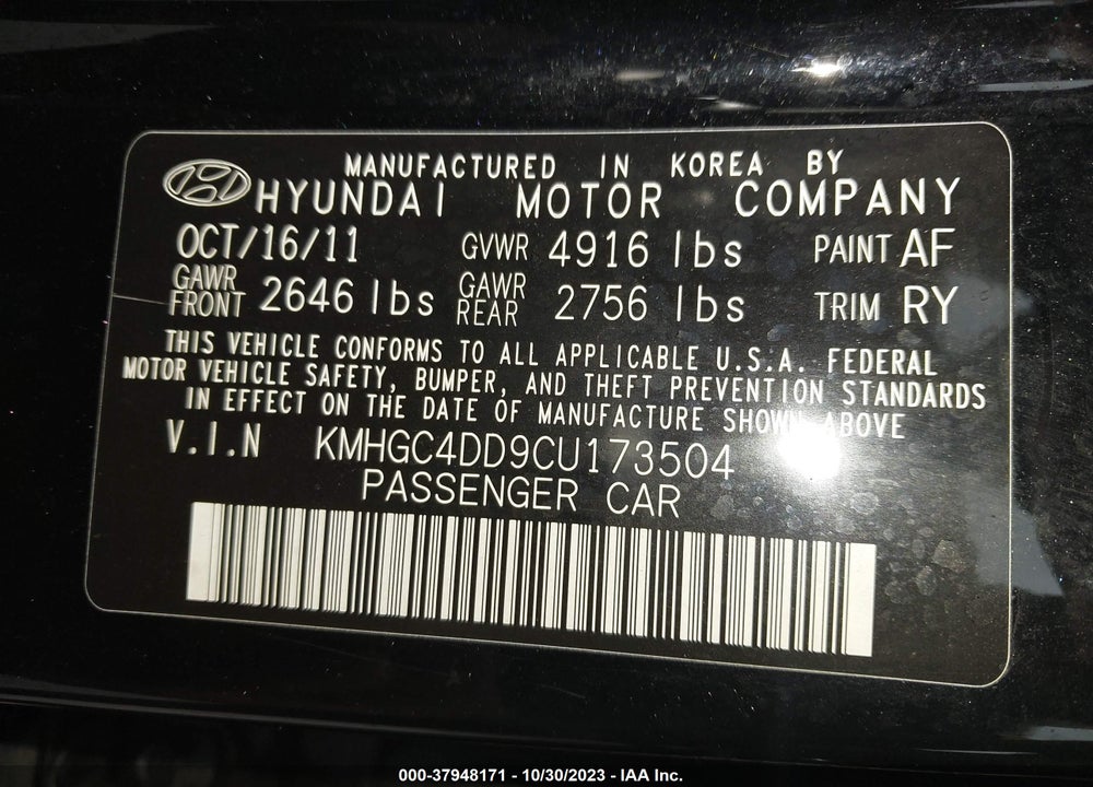 2012 HYUNDAI GENESIS 3.8 VIN: KMHGC4DD9CU173504