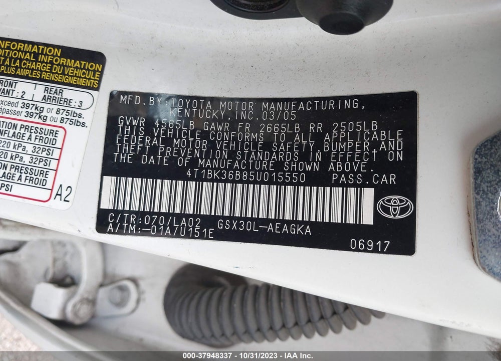 2005 TOYOTA AVALON XLS VIN: 4T1BK36B85U015550