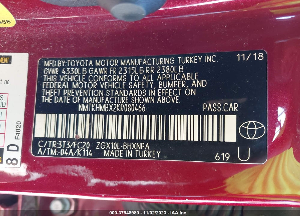 2019 TOYOTA C-HR VIN: NMTKHMBX2KR080466